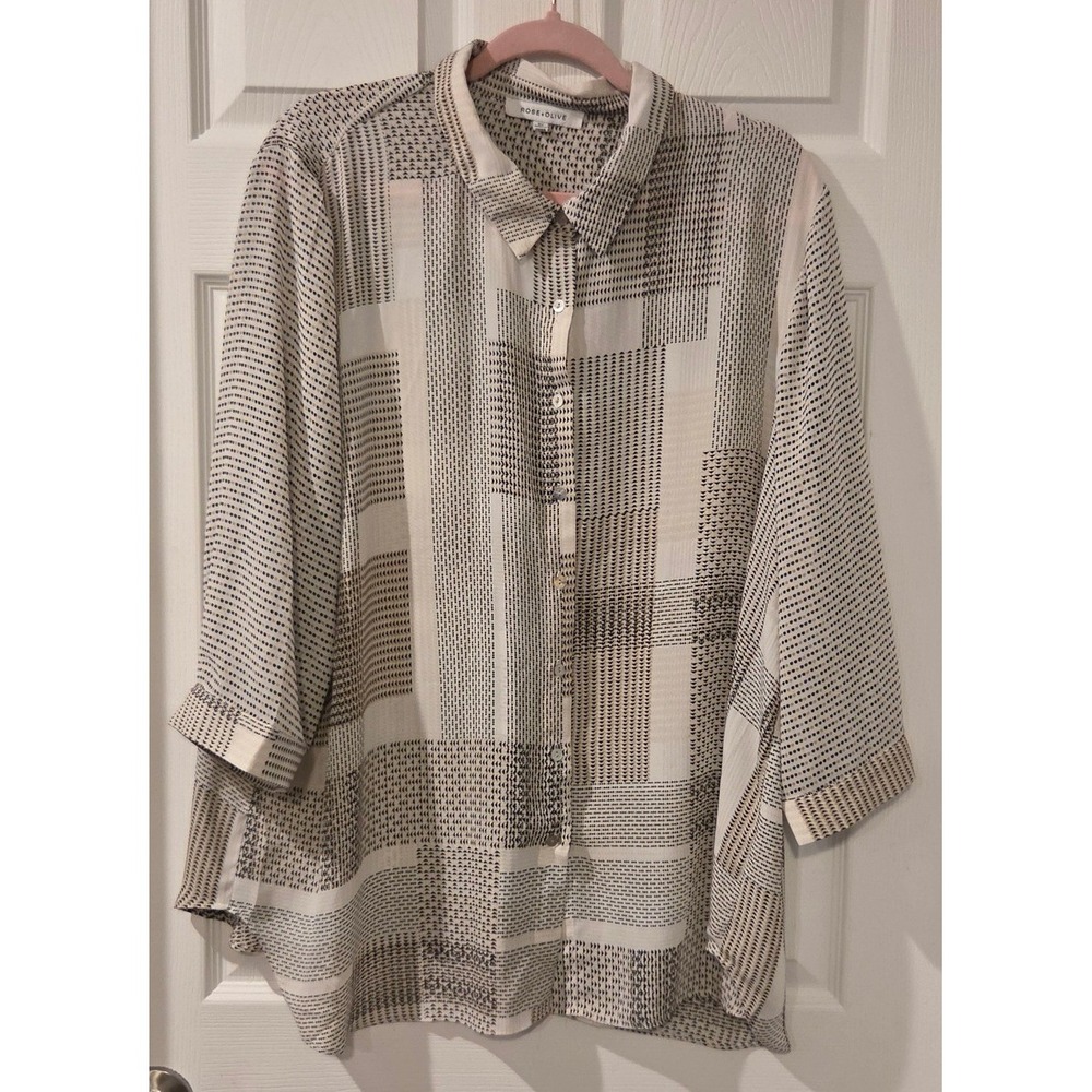 Rose + Olive Geometric Print Blouse 2X Tunic 3/4 Sleeve Oversized Top